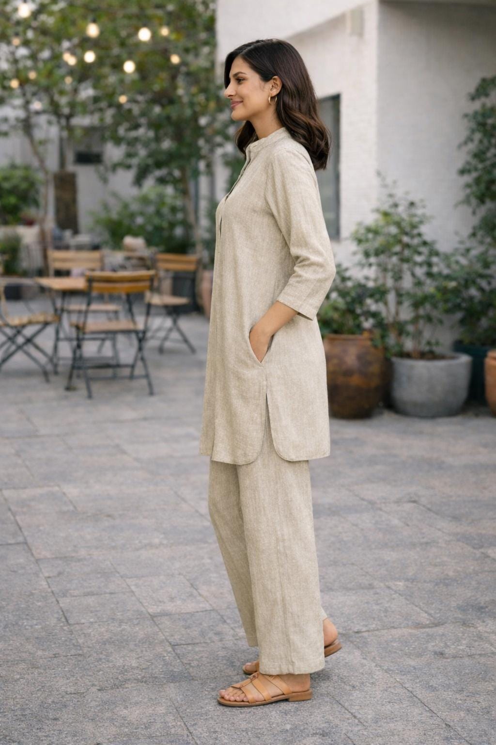 Natural Linen Co-Ord Set with Pockets – Linen Tunic & Wide Pants – Elegant Comfortable