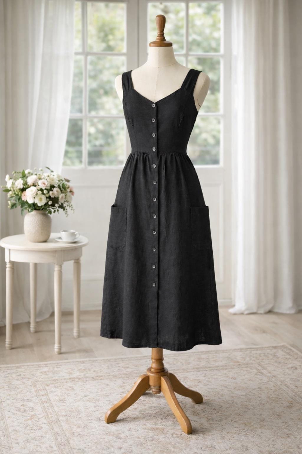Linen Midi Dress with Pockets – Timeless Button-Front Everyday Outfit