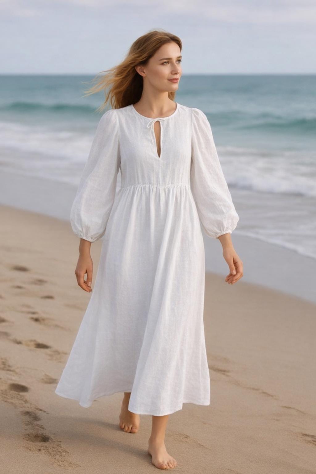 White Linen Midi Dress with Pockets