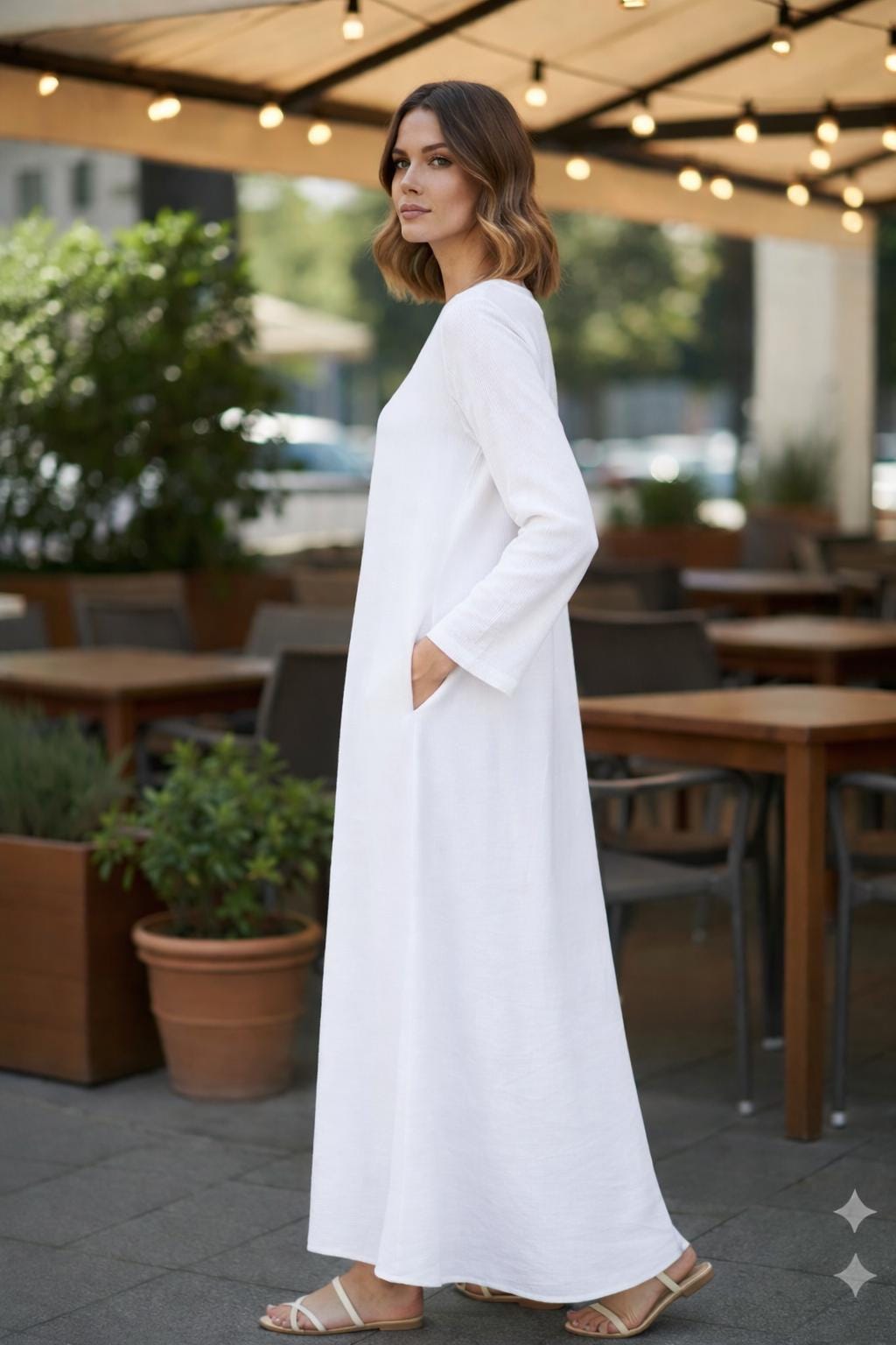 White Linen Kaftan Maxi Dress – Long Sleeve, Relaxed Fit