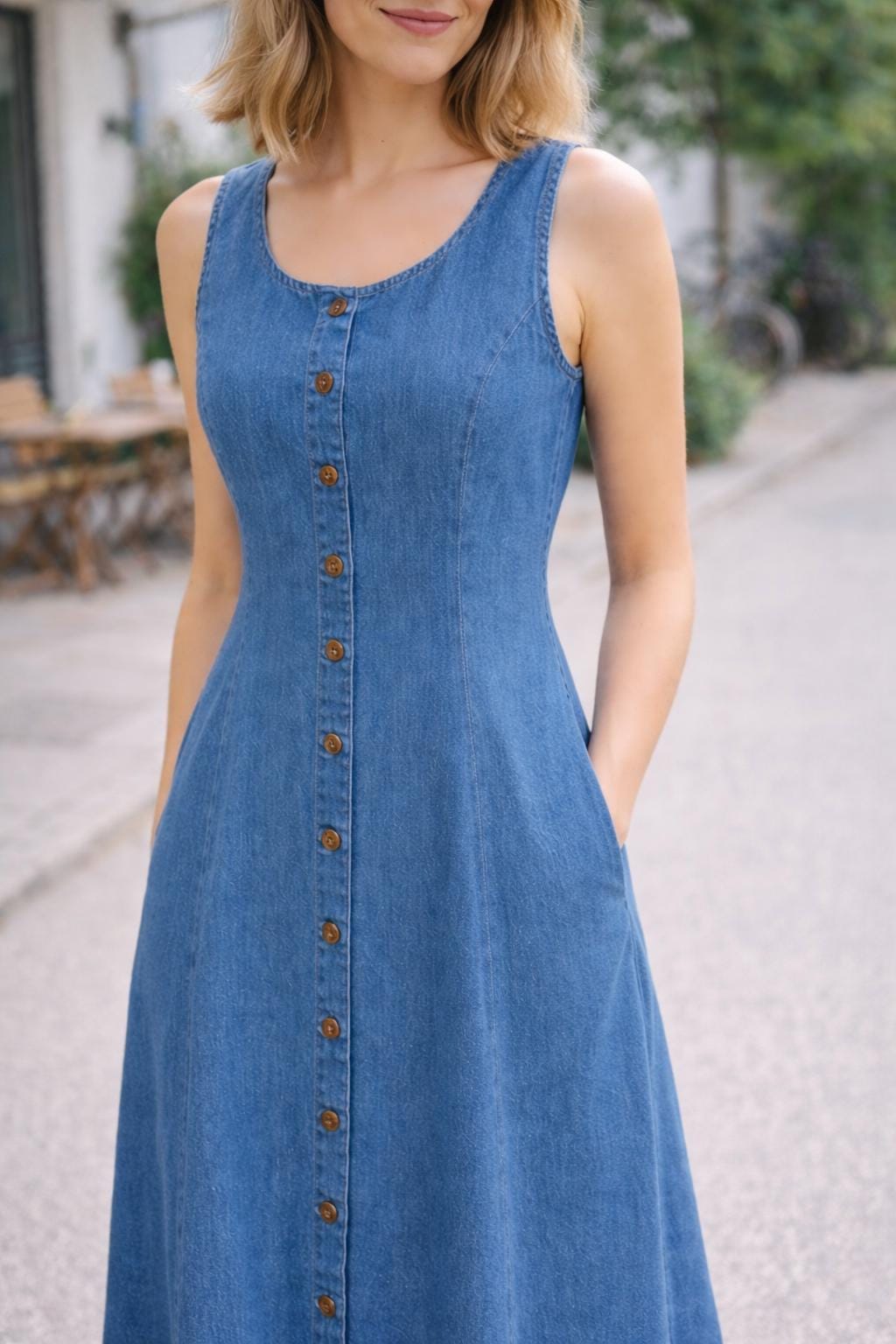 Classic Blue Denim Midi Dress | Sleeveless Button Front Everyday Dress