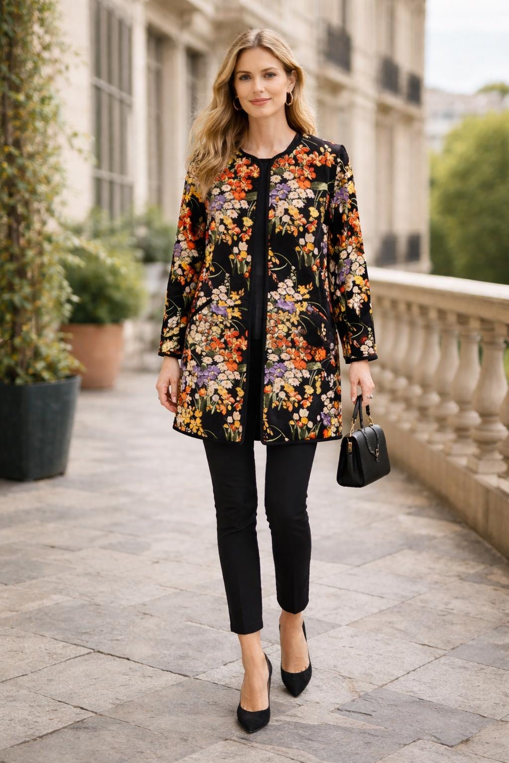 Midnight Garden Velvet Coat – Floral Printed Jacket, Elegant Evening Duster, Statement Winter Layer