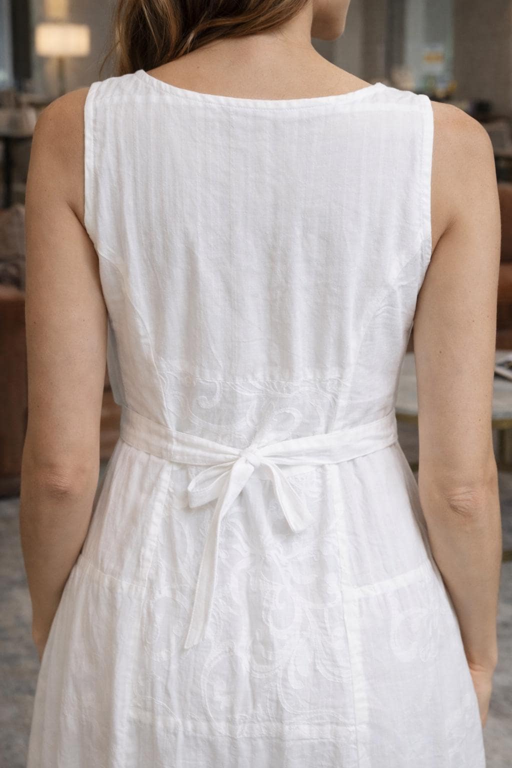 Ivory Whisper – White Cotton Patchwork Midi Dress with Pockets | Sleeveless Button-Down Summer Dress