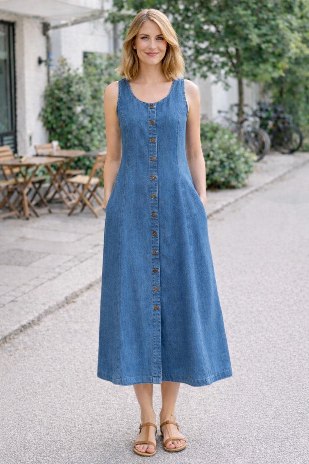 Classic Blue Denim Midi Dress | Sleeveless Button Front Everyday Dress
