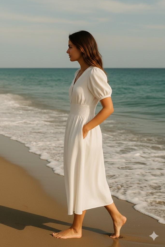 White Natural Linen Midi Dress – Puff Sleeve Summer Outfit