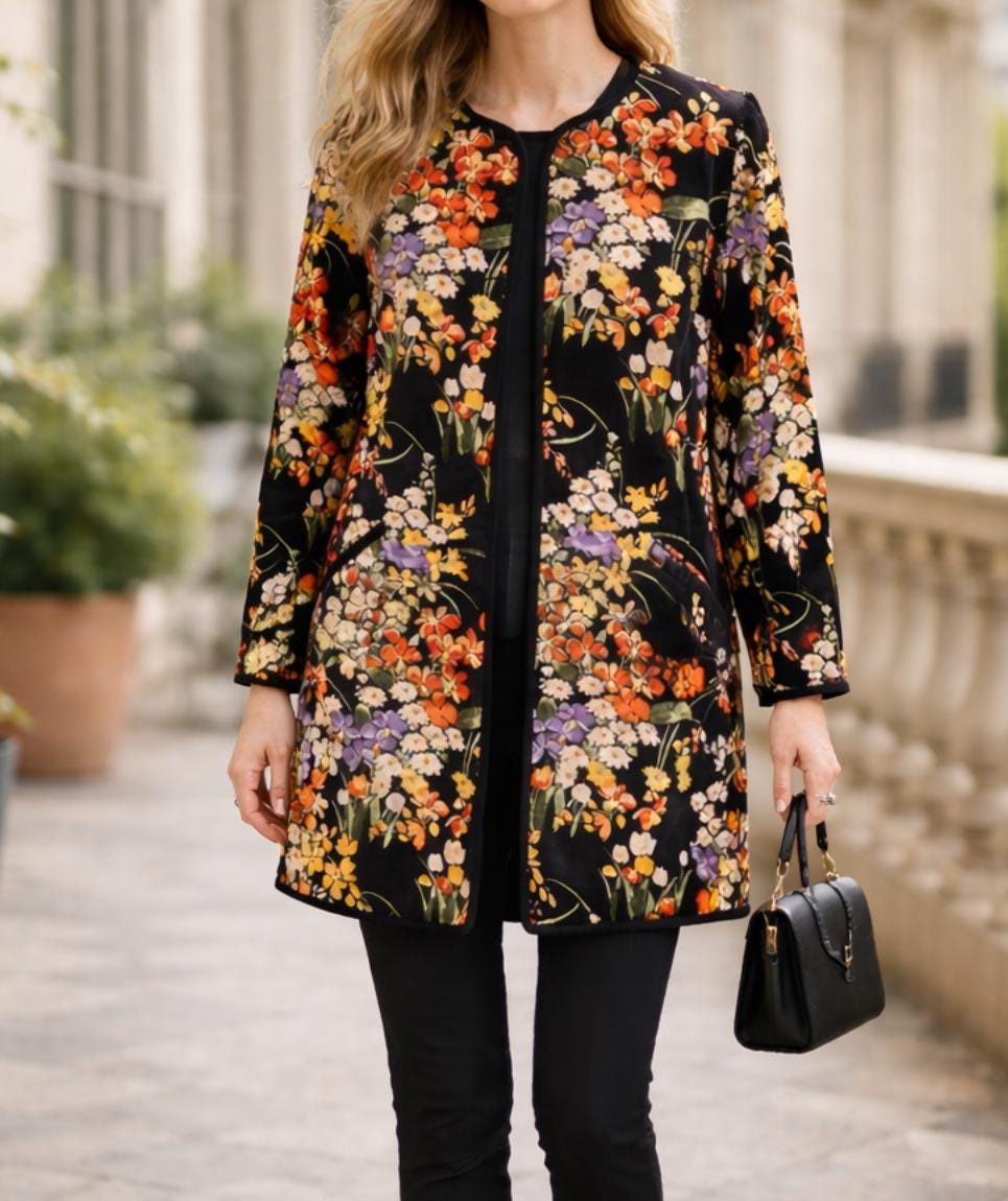Midnight Garden Velvet Coat – Floral Printed Jacket, Elegant Evening Duster, Statement Winter Layer