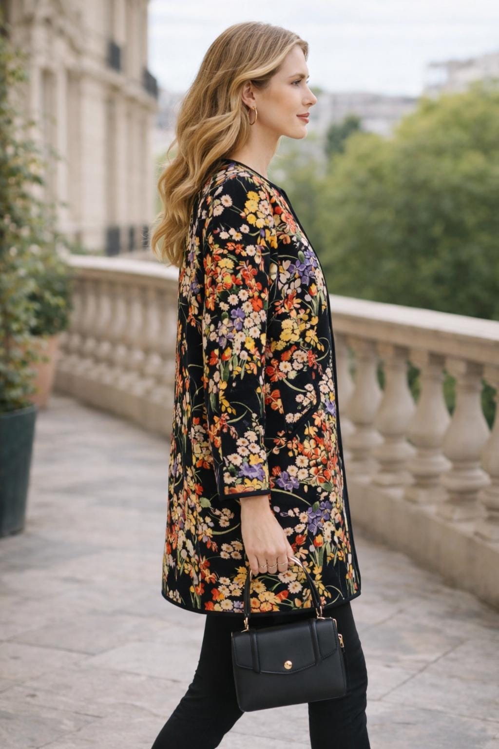 Midnight Garden Velvet Coat – Floral Printed Jacket, Elegant Evening Duster, Statement Winter Layer
