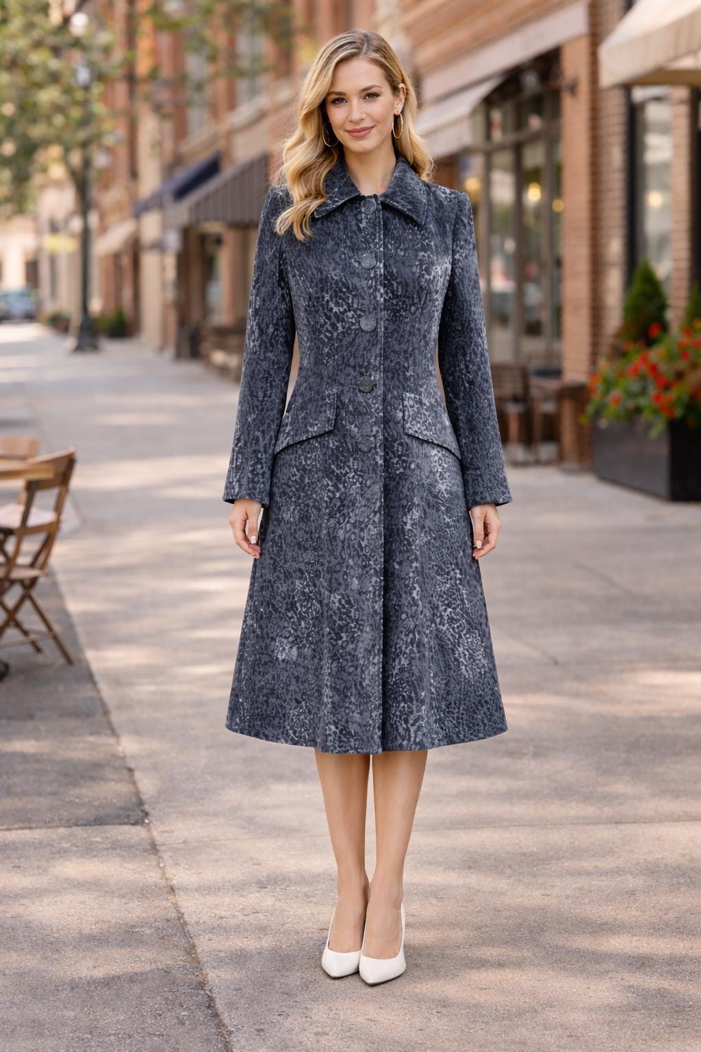 Elegant Grey Velvet Leopard Print Long Coat with Pockets | Winter Dress Coat for Women