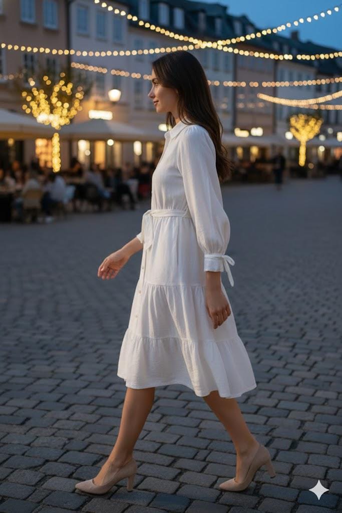 White Linen Tiered Shirt Dress  | Timeless Button-Up with Tie Belt & Pockets