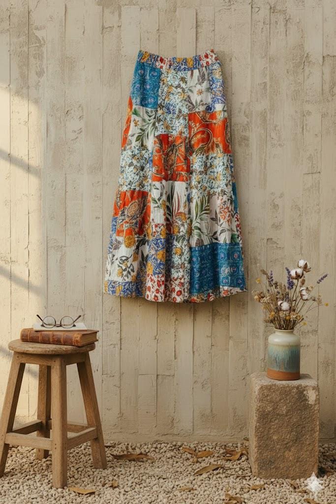 Floral Rayon Tiered Maxi Skirt | Boho Patchwork Skirt
