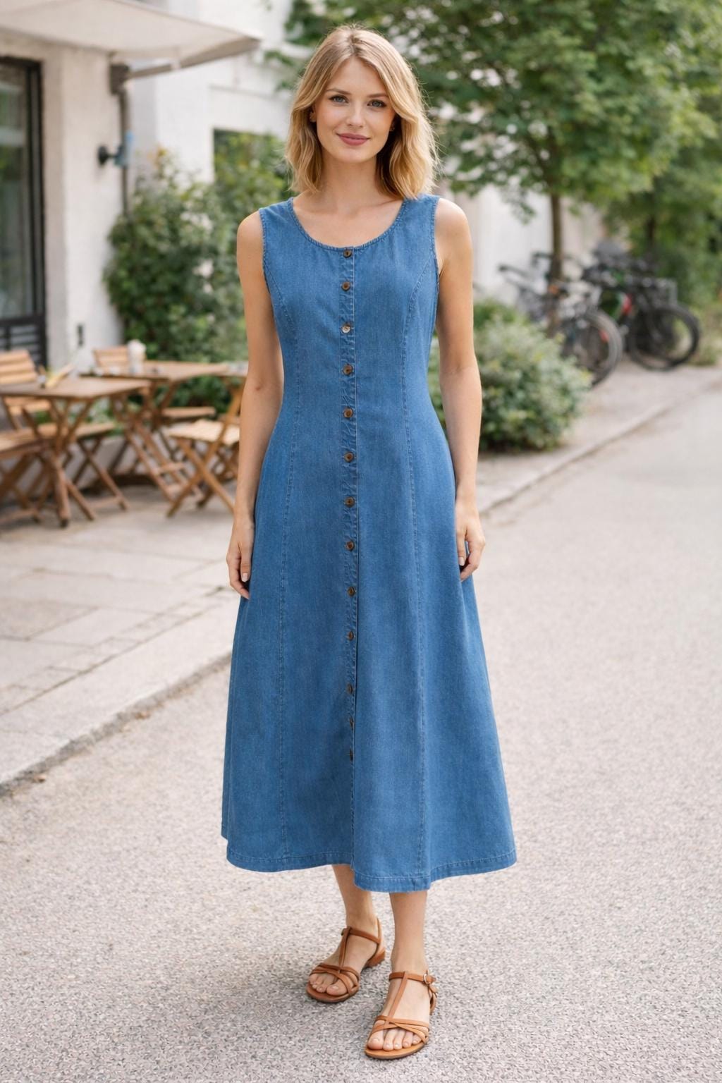 Classic Blue Denim Midi Dress | Sleeveless Button Front Everyday Dress