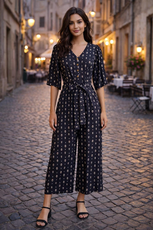 Black Floral Rayon Romper Dress | Wide Leg Jumpsuit | V-Neck Belted One Piece