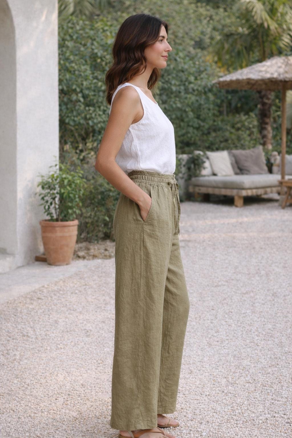 Olive Sheen Linen Trousers – Relaxed Fit High-Waist Linen Pants with Pockets