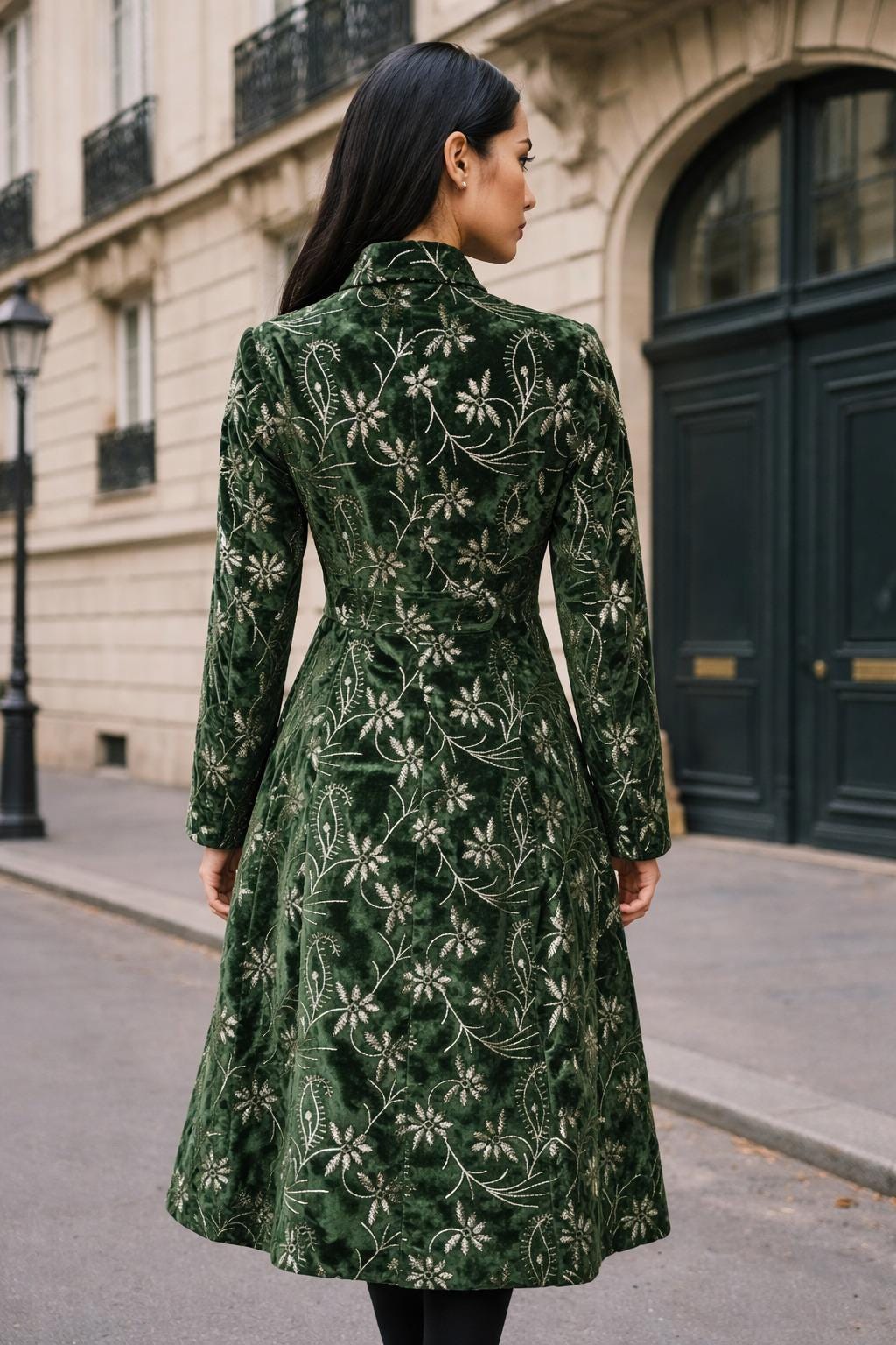 Velvet Long Coat with Silver Floral Embroidery | Black, Dark Green & Maroon | Vintage Inspired Luxury Outerwear