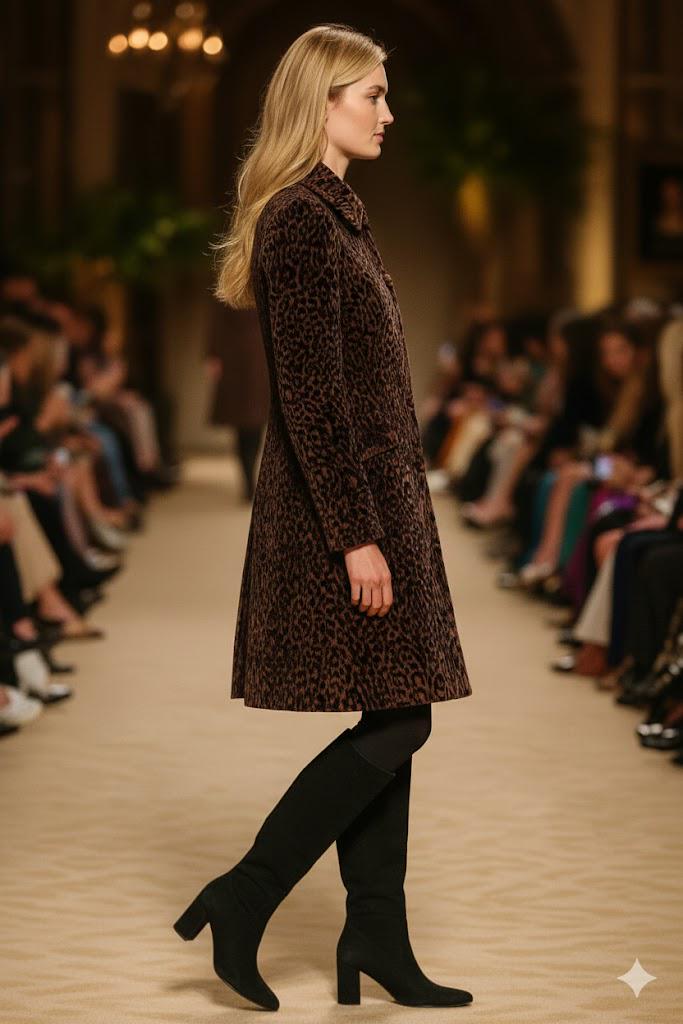 Plush Leopard Print A-Line Coat / Rich Velvet Texture / Winter Jacket