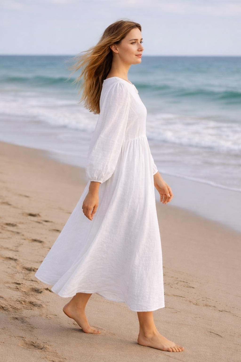 White Linen Midi Dress with Pockets