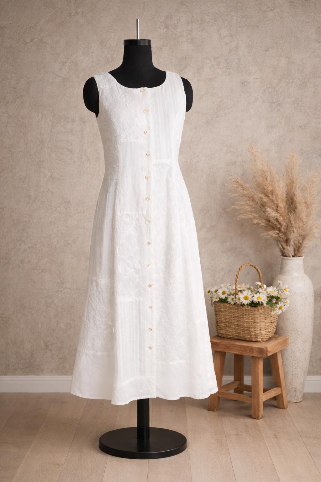 Ivory Whisper – White Cotton Patchwork Midi Dress with Pockets | Sleeveless Button-Down Summer Dress