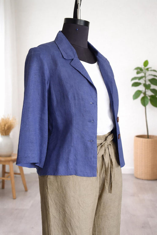 Blue Linen Peplum Blazer - Women's 3/4 Sleeve Summer Jacket