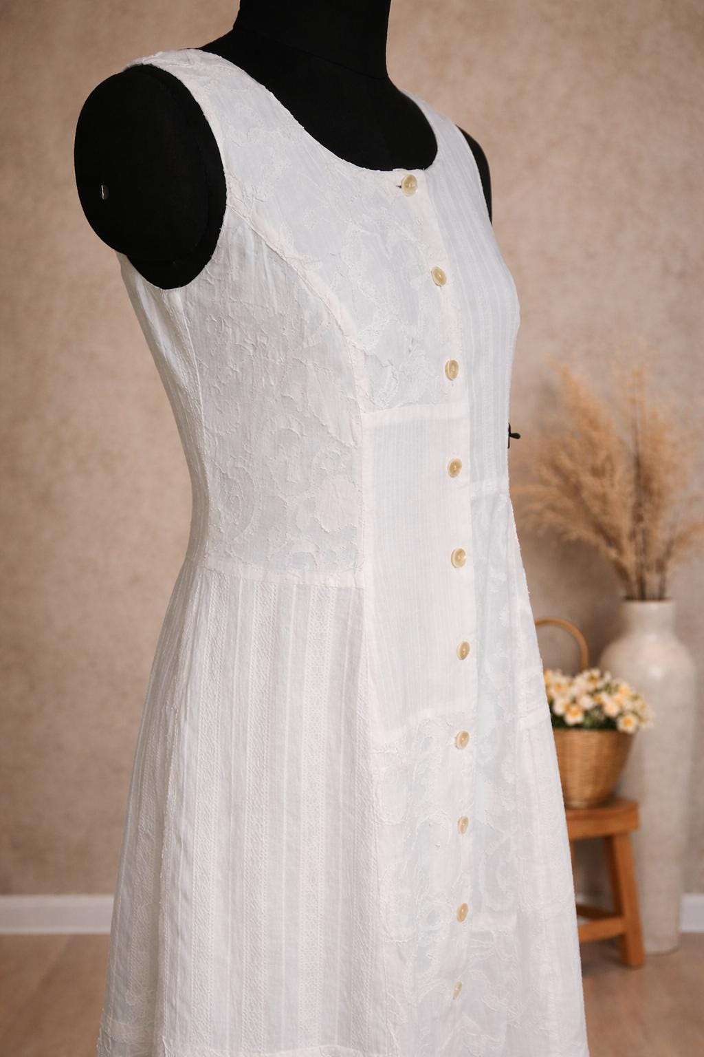 Ivory Whisper – White Cotton Patchwork Midi Dress with Pockets | Sleeveless Button-Down Summer Dress