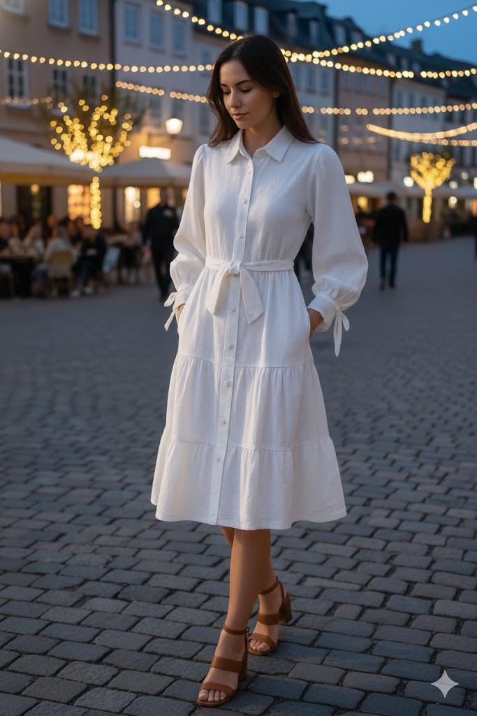 White Linen Tiered Shirt Dress  | Timeless Button-Up with Tie Belt & Pockets