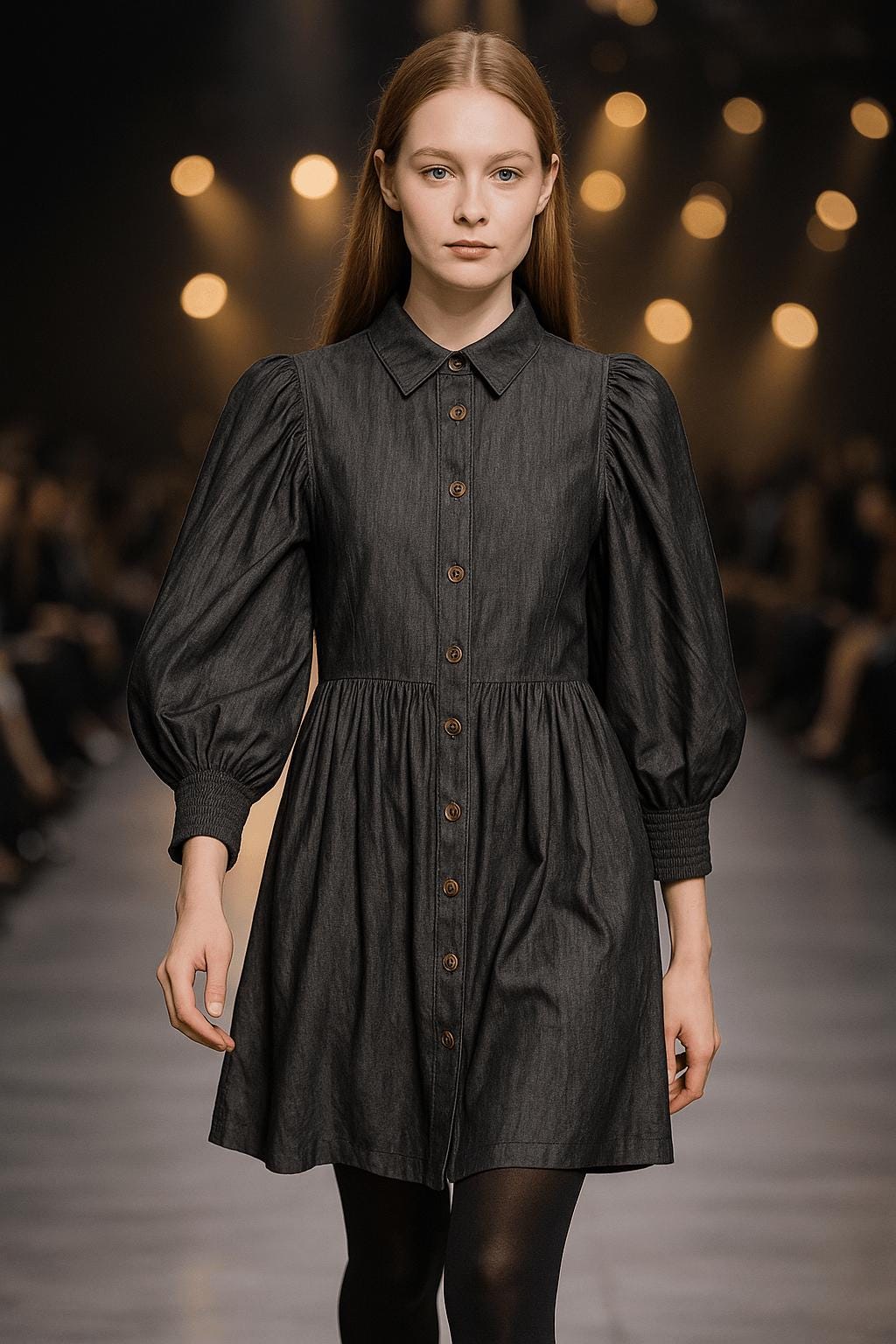 Classic Button Down Denim Dress with Gathered Waist and puff sleeves