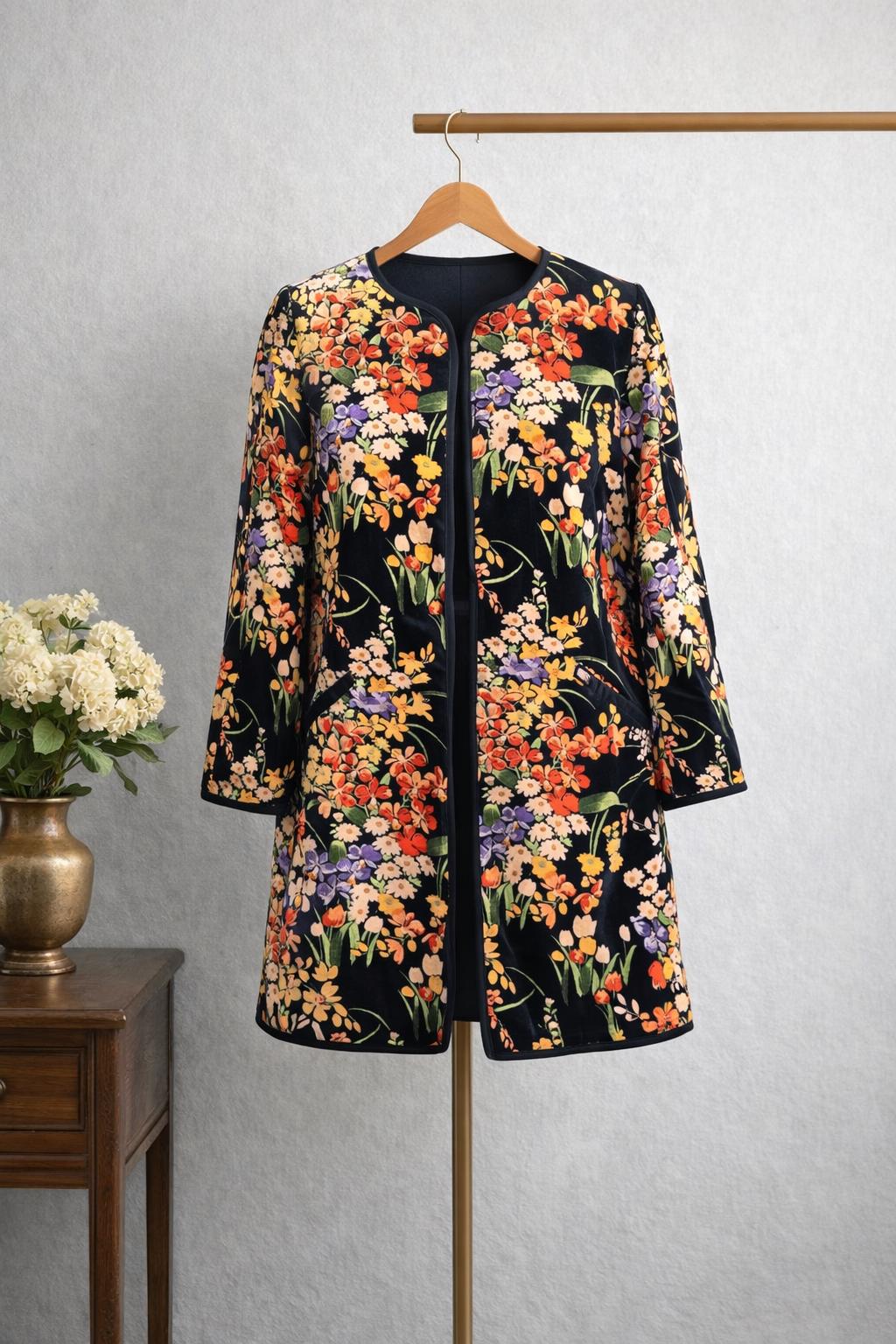 Midnight Garden Velvet Coat – Floral Printed Jacket, Elegant Evening Duster, Statement Winter Layer