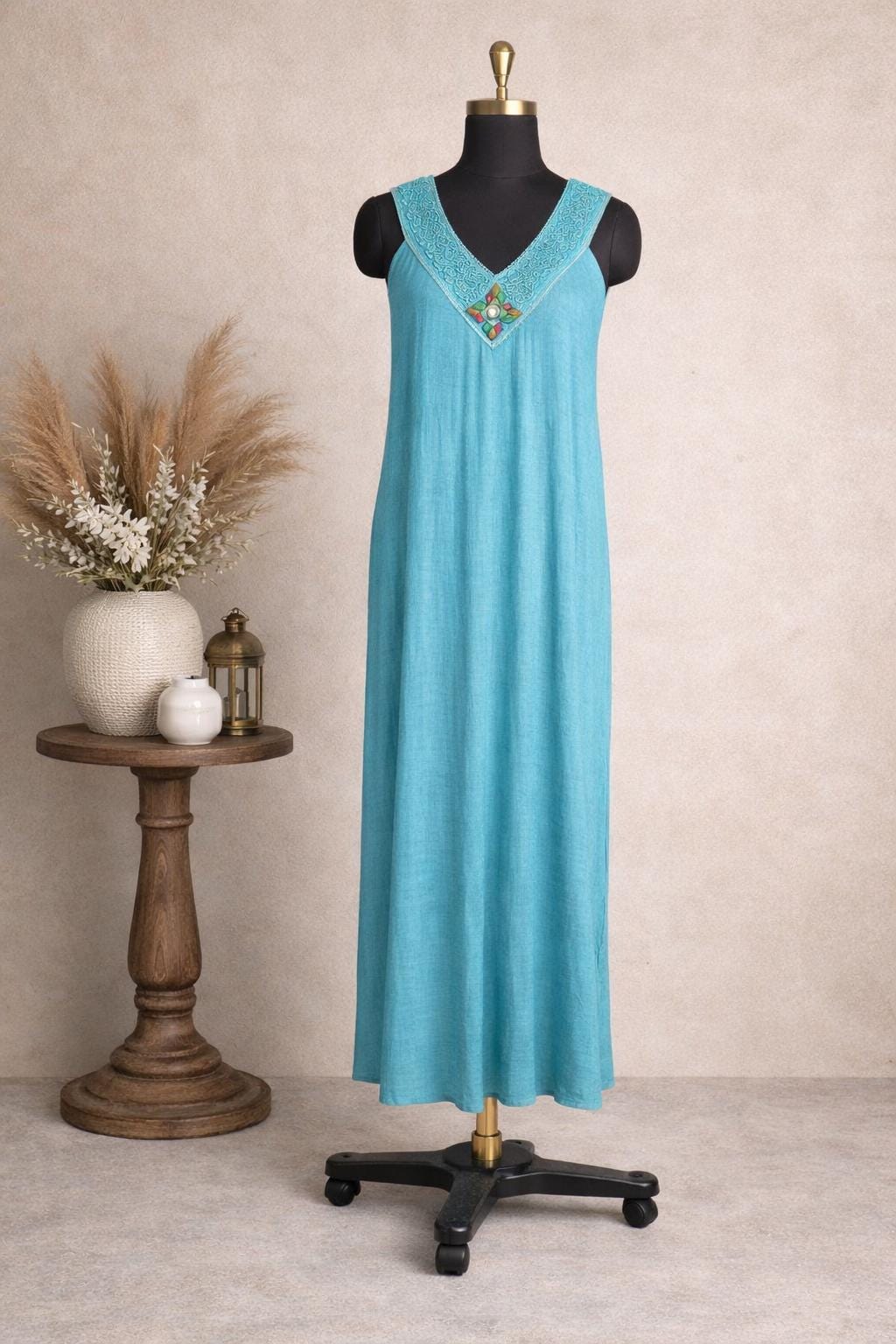 Turquoise Linen Maxi Dress | Loose fit Summer Lounge Dress