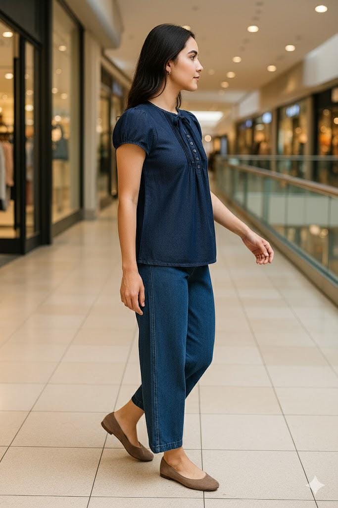 Classic Indigo Denim Co-Ord Set | Soft Puff-Sleeve Top & Wide-Leg Pants