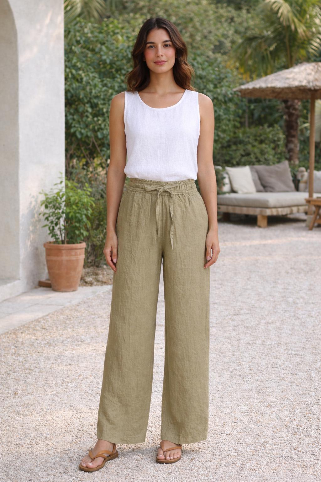 Olive Sheen Linen Trousers – Relaxed Fit High-Waist Linen Pants with Pockets
