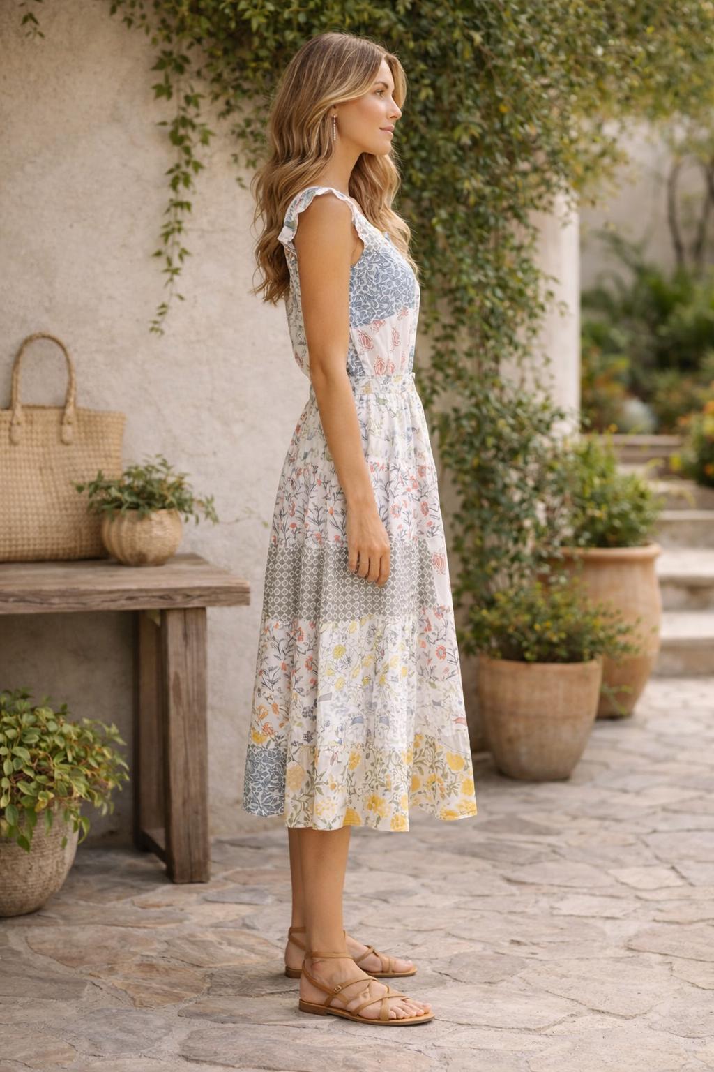 Patchwork Skirt & Top Set | Cotton Midi Skirt with Sleeveless Blouse
