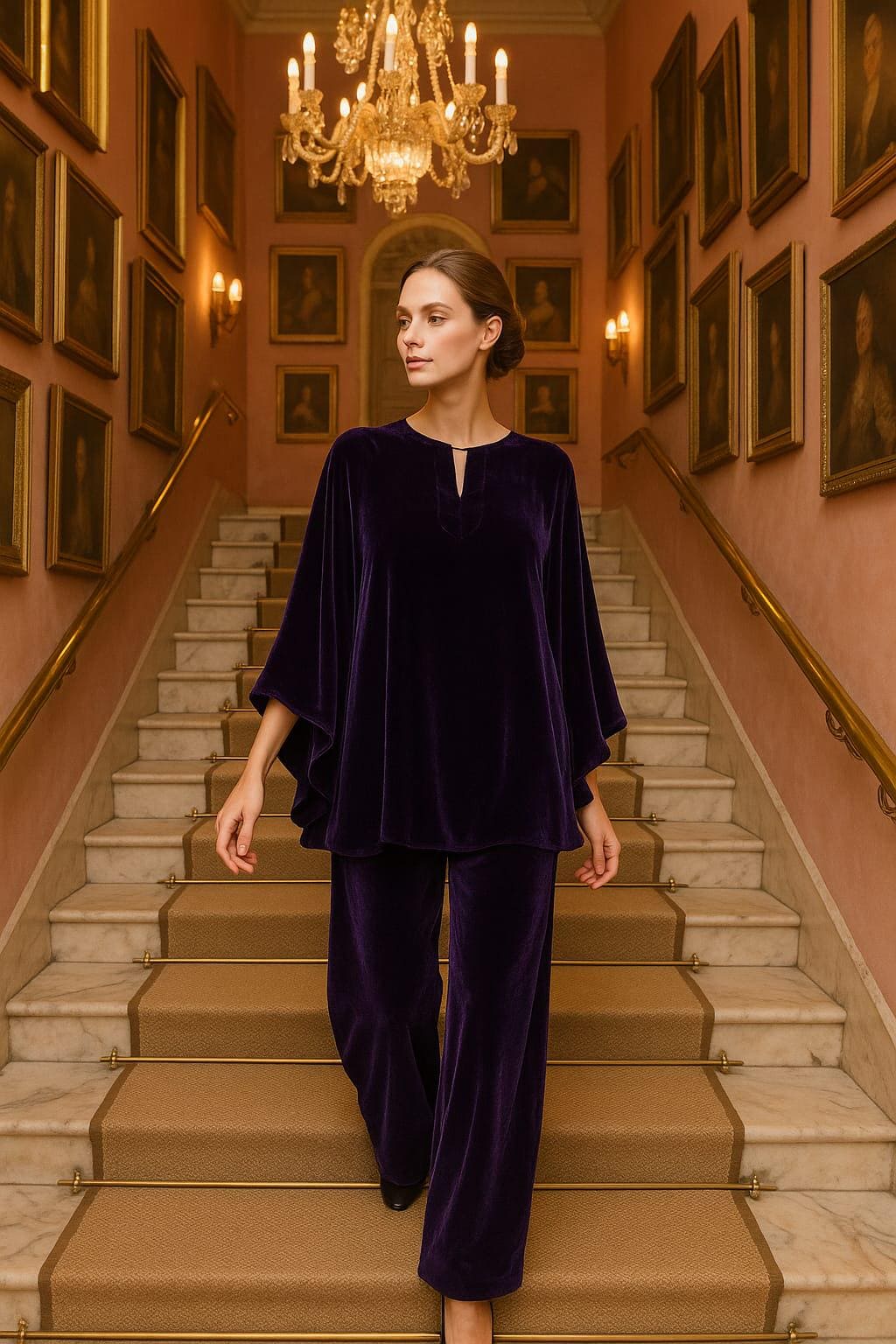 Elegant Poly Velvet Flowy Kaftan and Wide Leg Pants