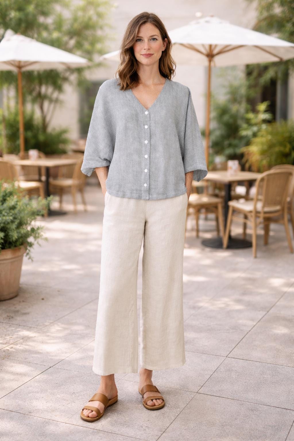 Women’s Linen Co-Ord Set | Button Front Linen Top & Wide Leg Pants