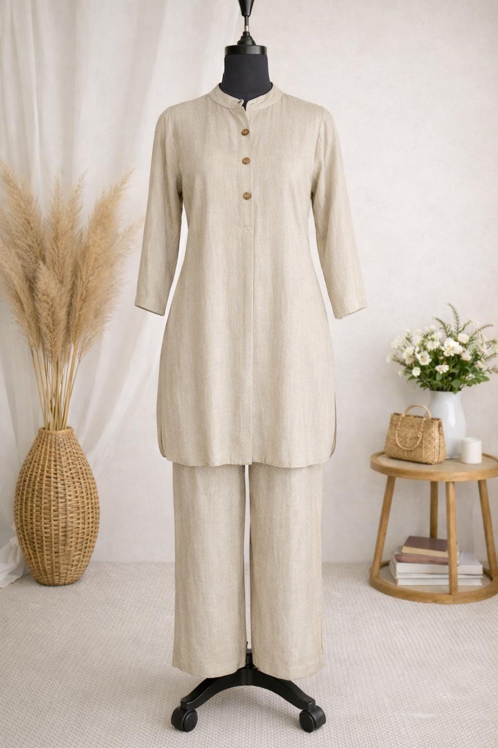 Natural Linen Co-Ord Set with Pockets – Linen Tunic & Wide Pants – Elegant Comfortable