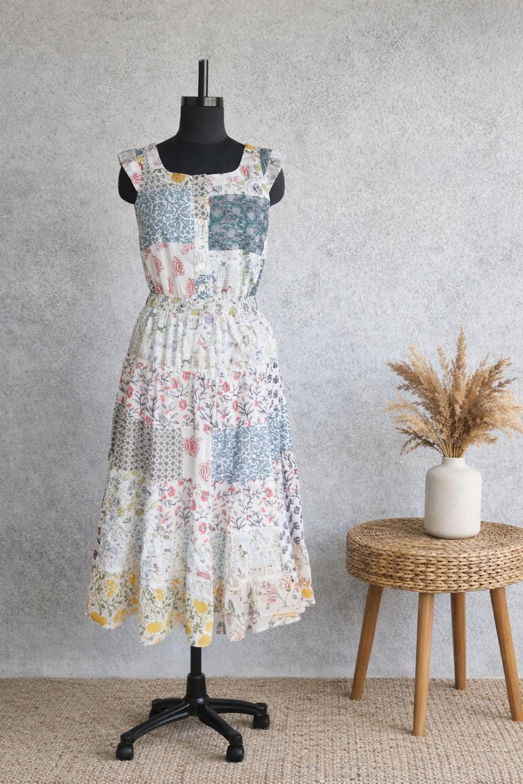Patchwork Skirt & Top Set | Cotton Midi Skirt with Sleeveless Blouse