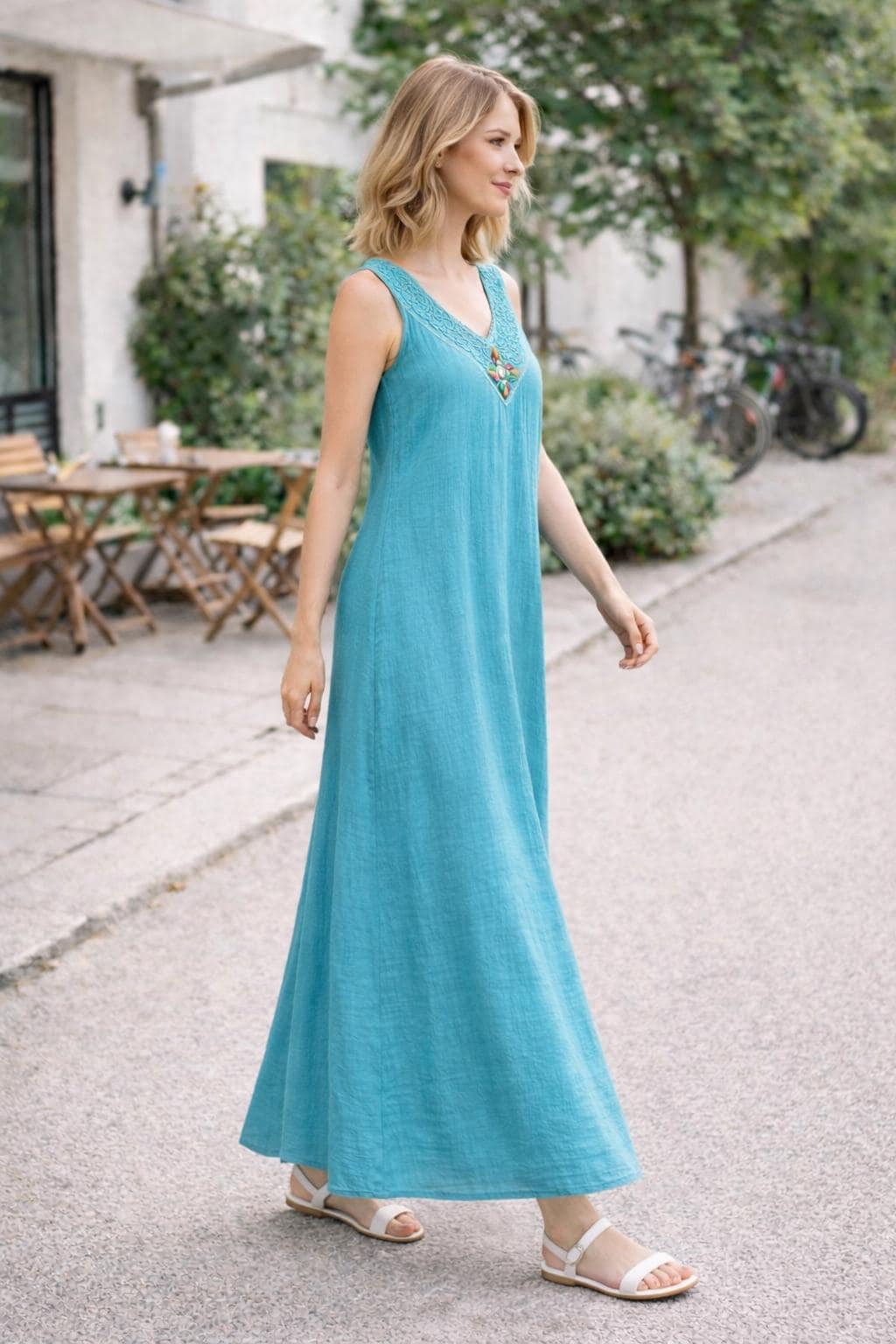 Turquoise Linen Maxi Dress | Loose fit Summer Lounge Dress