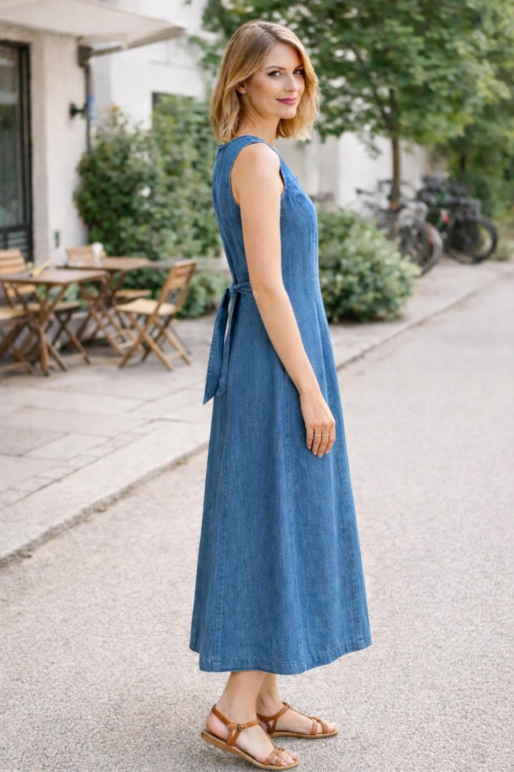 Classic Blue Denim Midi Dress | Sleeveless Button Front Everyday Dress