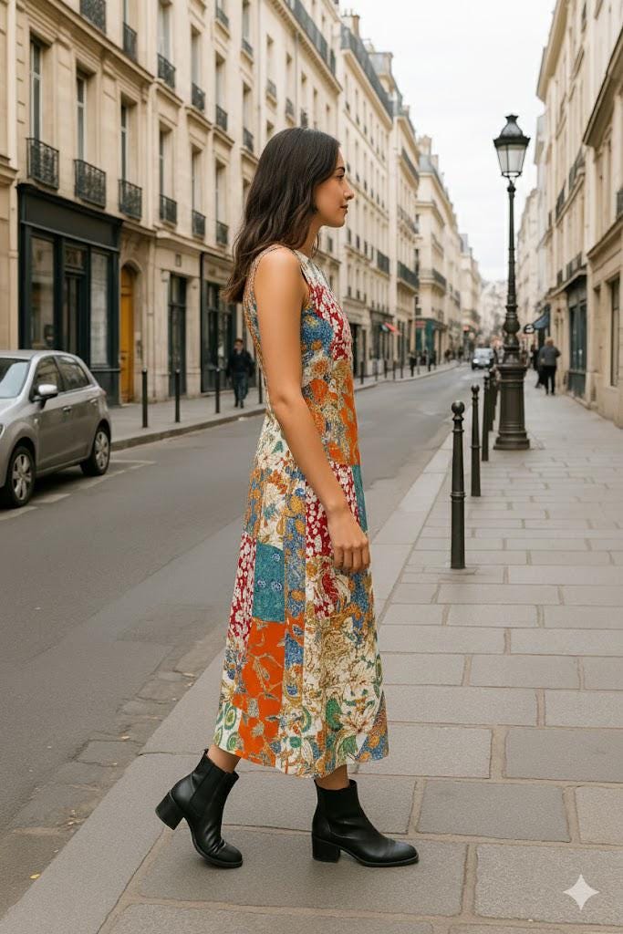 Handmade Rayon Patchwork Dress – Boho Chic Midi Sundress