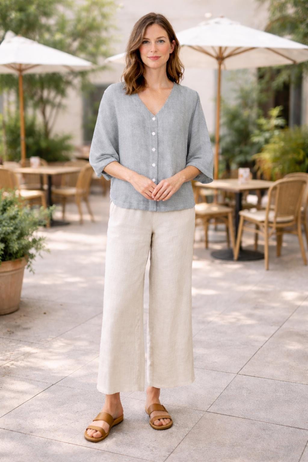 Women’s Linen Co-Ord Set | Button Front Linen Top & Wide Leg Pants