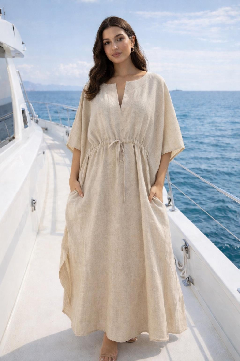 Natural Linen Kaftan Dress – Soft Earth-Tone Maxi with Pockets