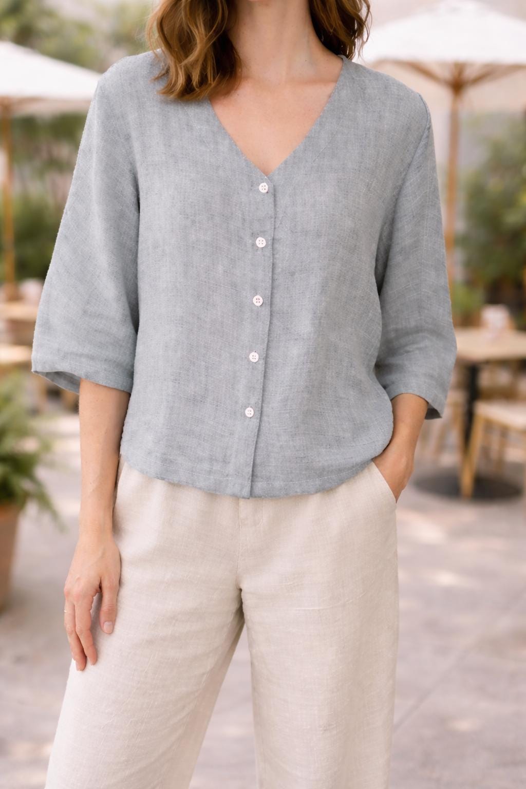 Women’s Linen Co-Ord Set | Button Front Linen Top & Wide Leg Pants
