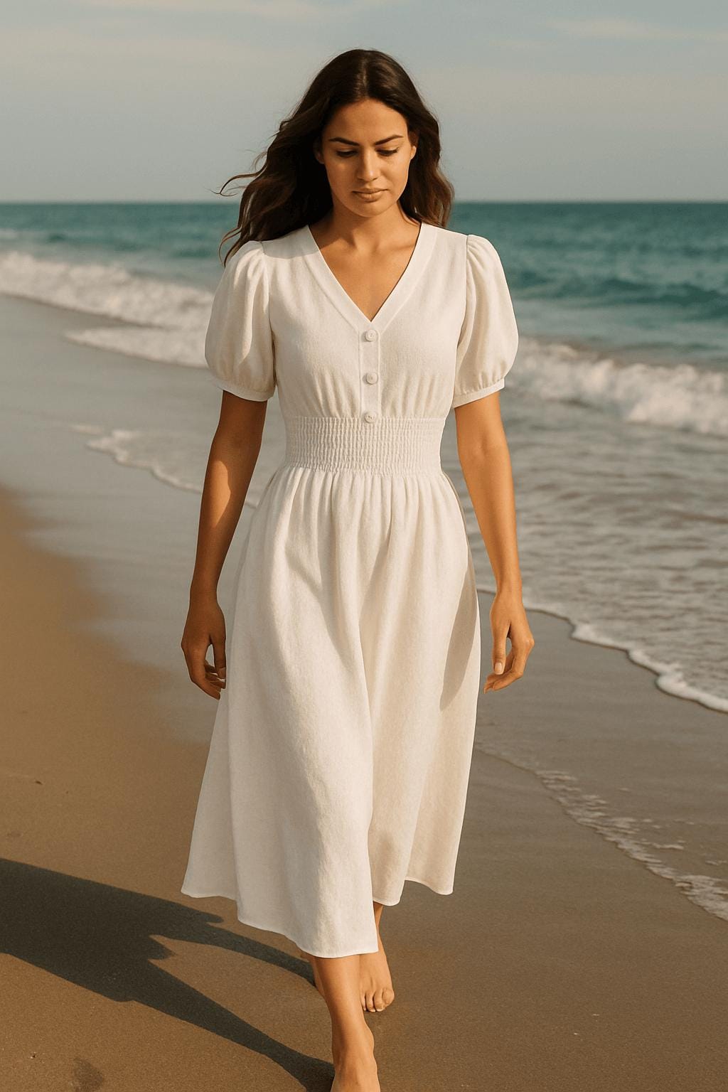 White Natural Linen Midi Dress – Puff Sleeve Summer Outfit