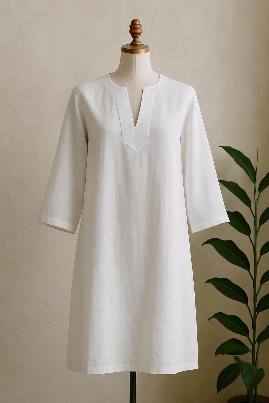 Short White Linen Kaftan Dress with Pockets | Relaxed Fit Handmade Resort Wear