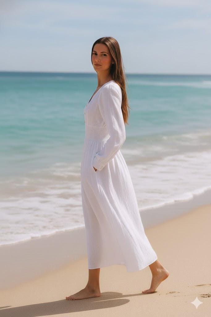 White Linen Midi Dress with Pockets | Long Sleeve Dress