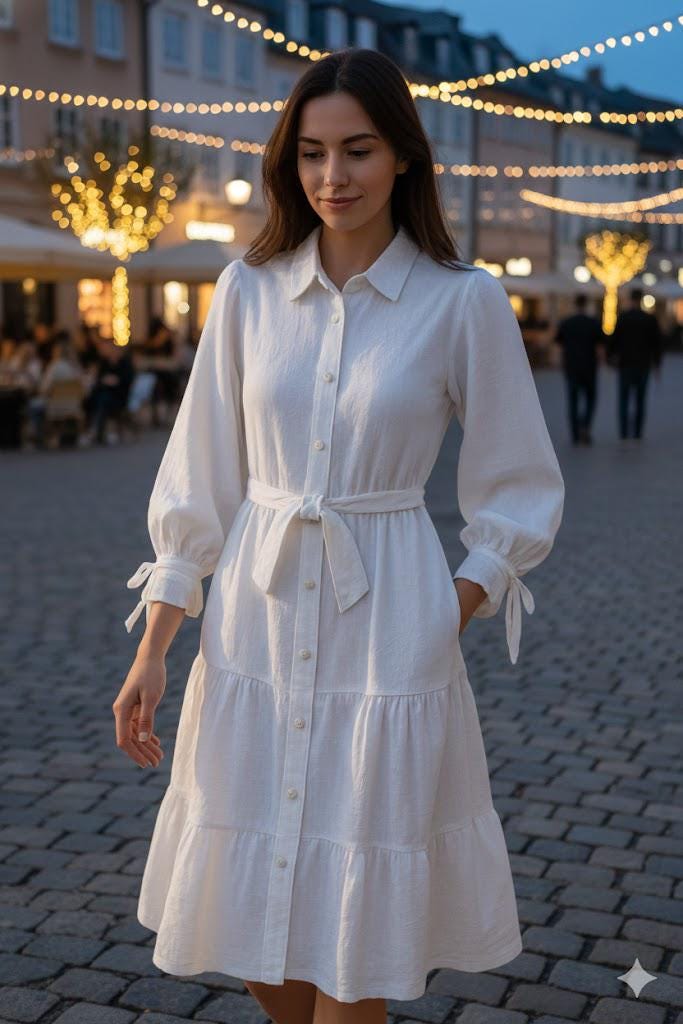 White Linen Tiered Shirt Dress  | Timeless Button-Up with Tie Belt & Pockets