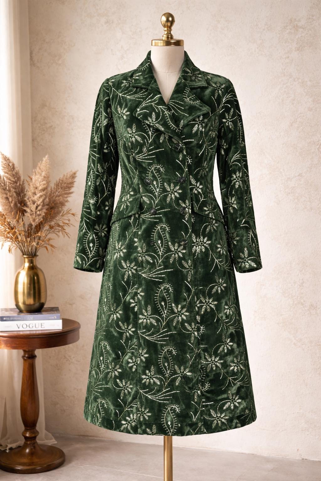 Velvet Long Coat with Silver Floral Embroidery | Black, Dark Green & Maroon | Vintage Inspired Luxury Outerwear