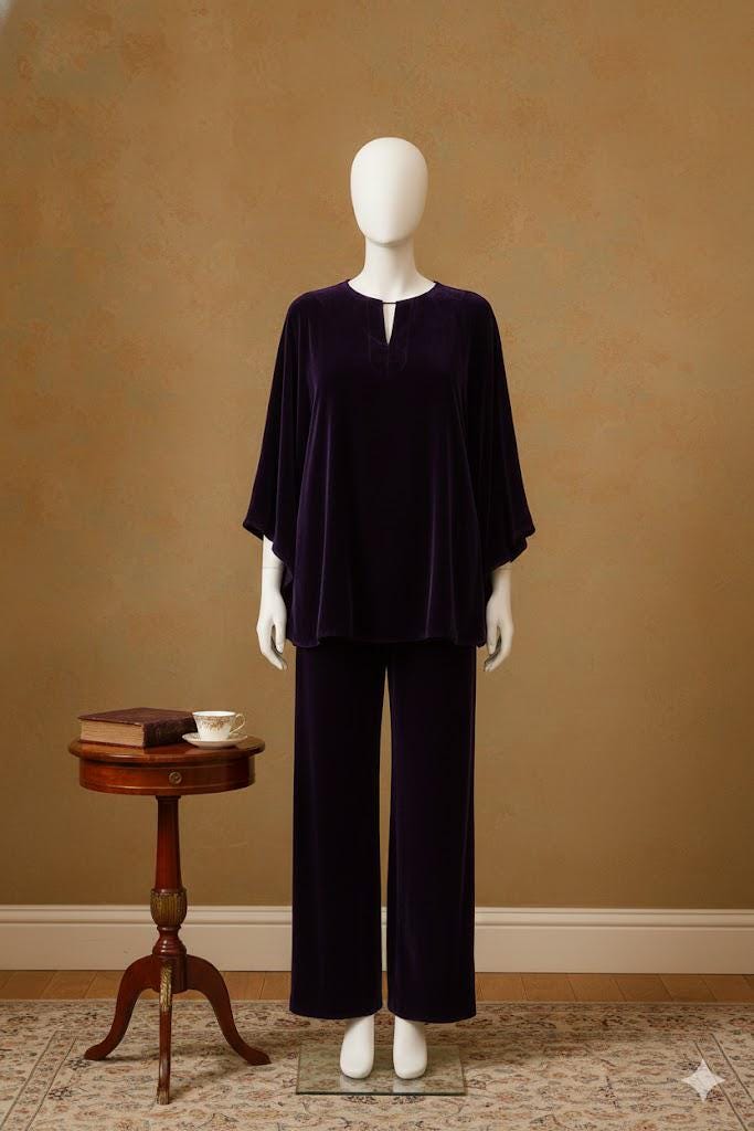 Elegant Poly Velvet Flowy Kaftan and Wide Leg Pants