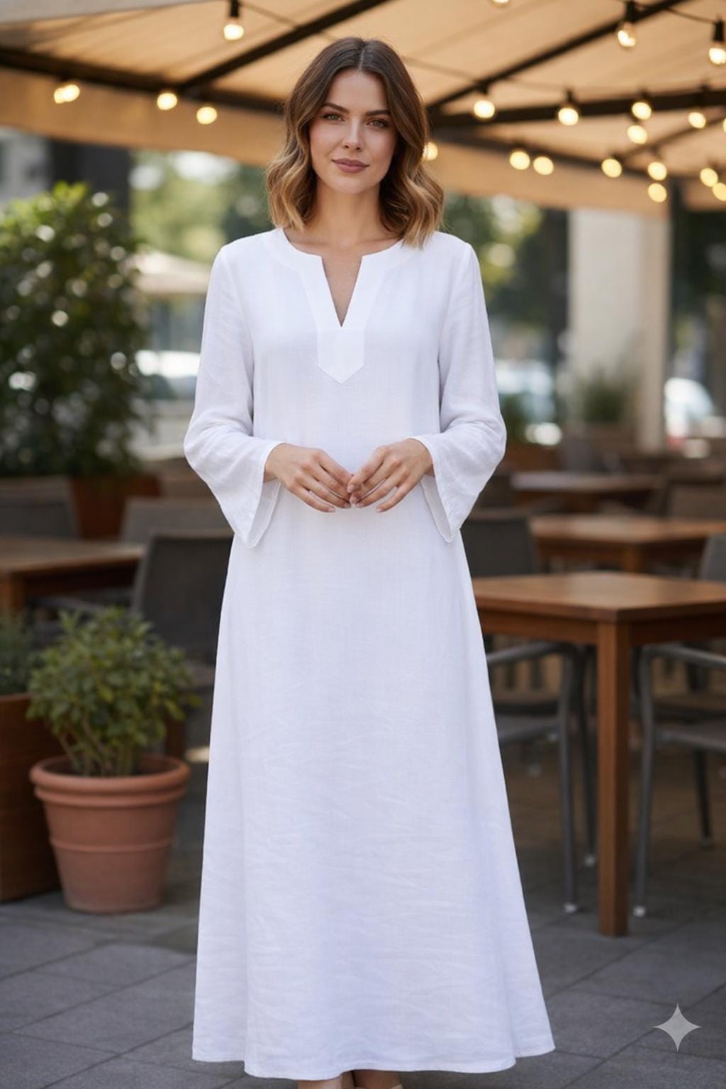White Linen Kaftan Maxi Dress – Long Sleeve, Relaxed Fit