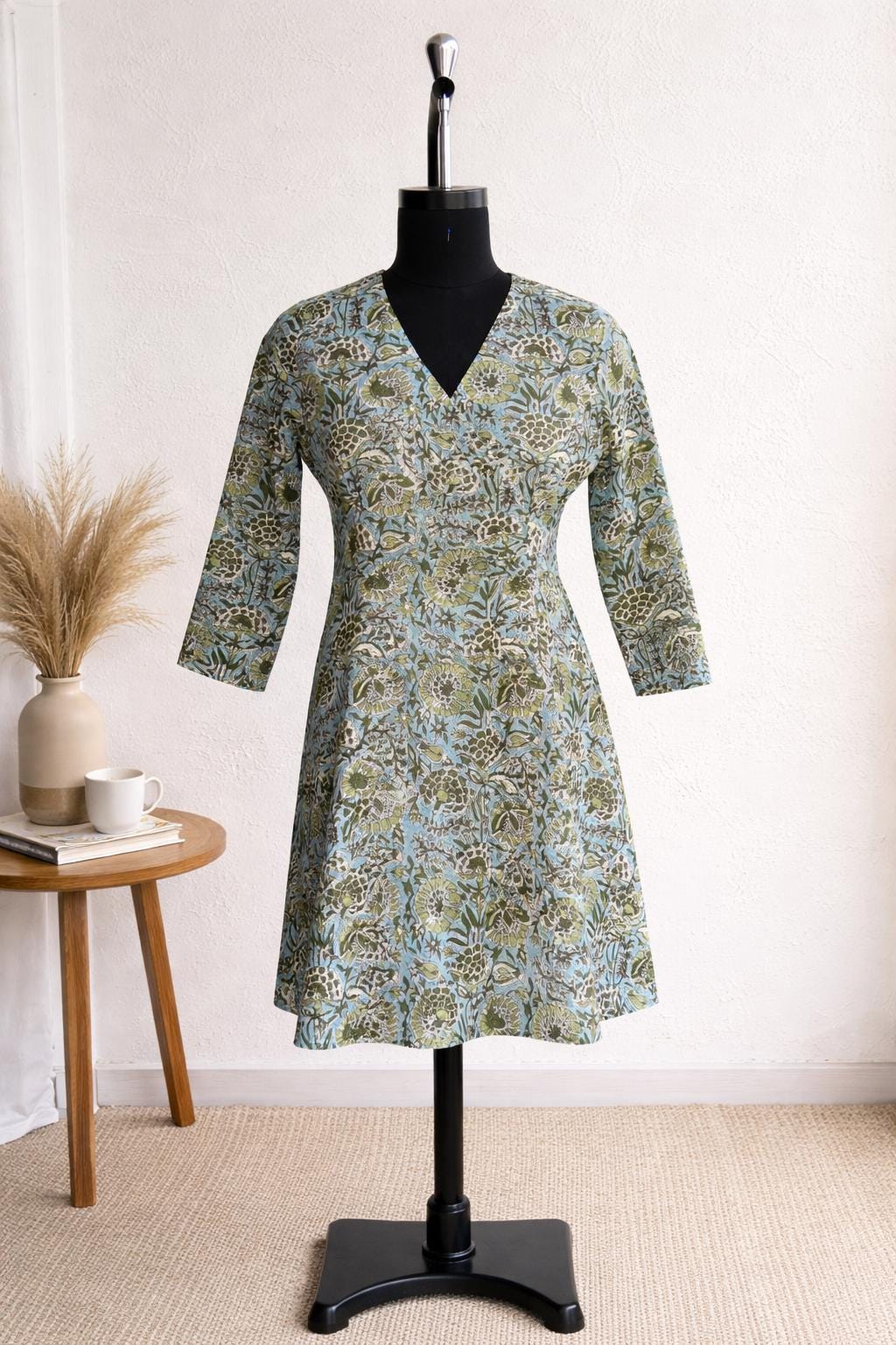 Green Floral Cotton Wrap Dress | Block Print Summer Dress