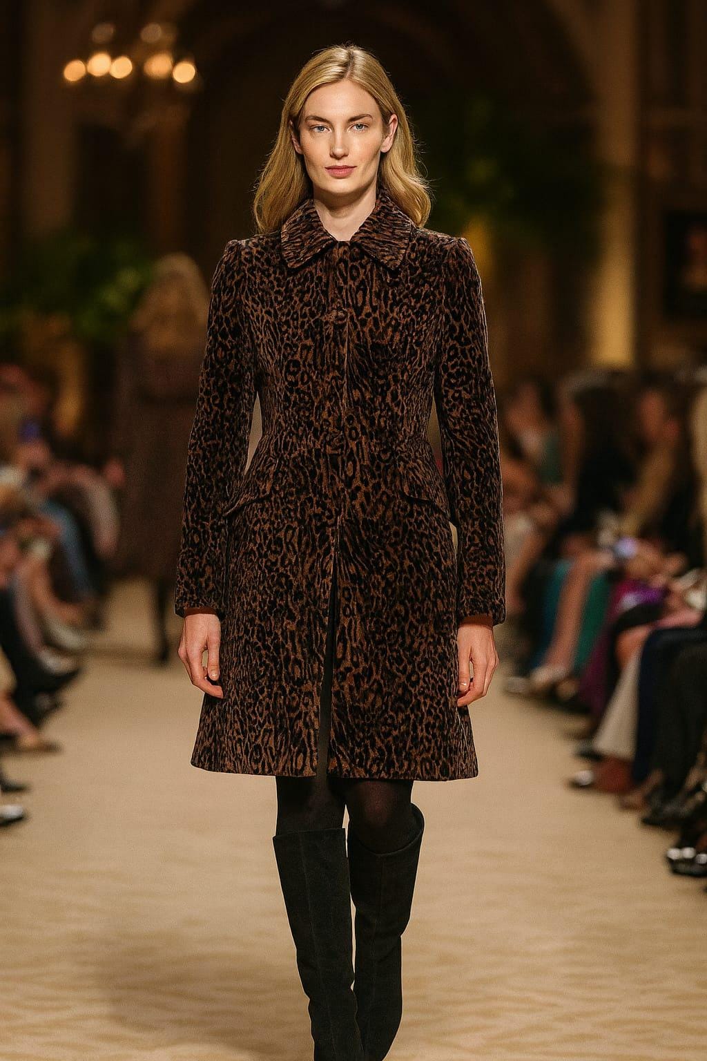 Plush Leopard Print A-Line Coat / Rich Velvet Texture / Winter Jacket