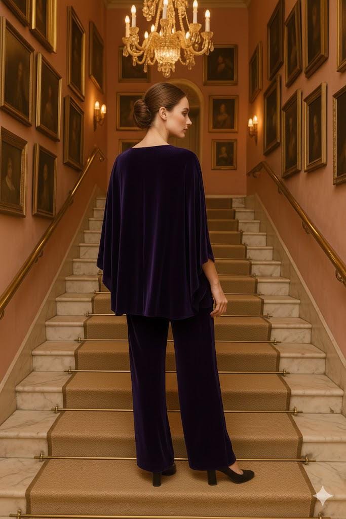 Elegant Poly Velvet Flowy Kaftan and Wide Leg Pants